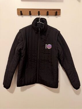 Afends Black Quilted Puffer Jacket with Globe Patch